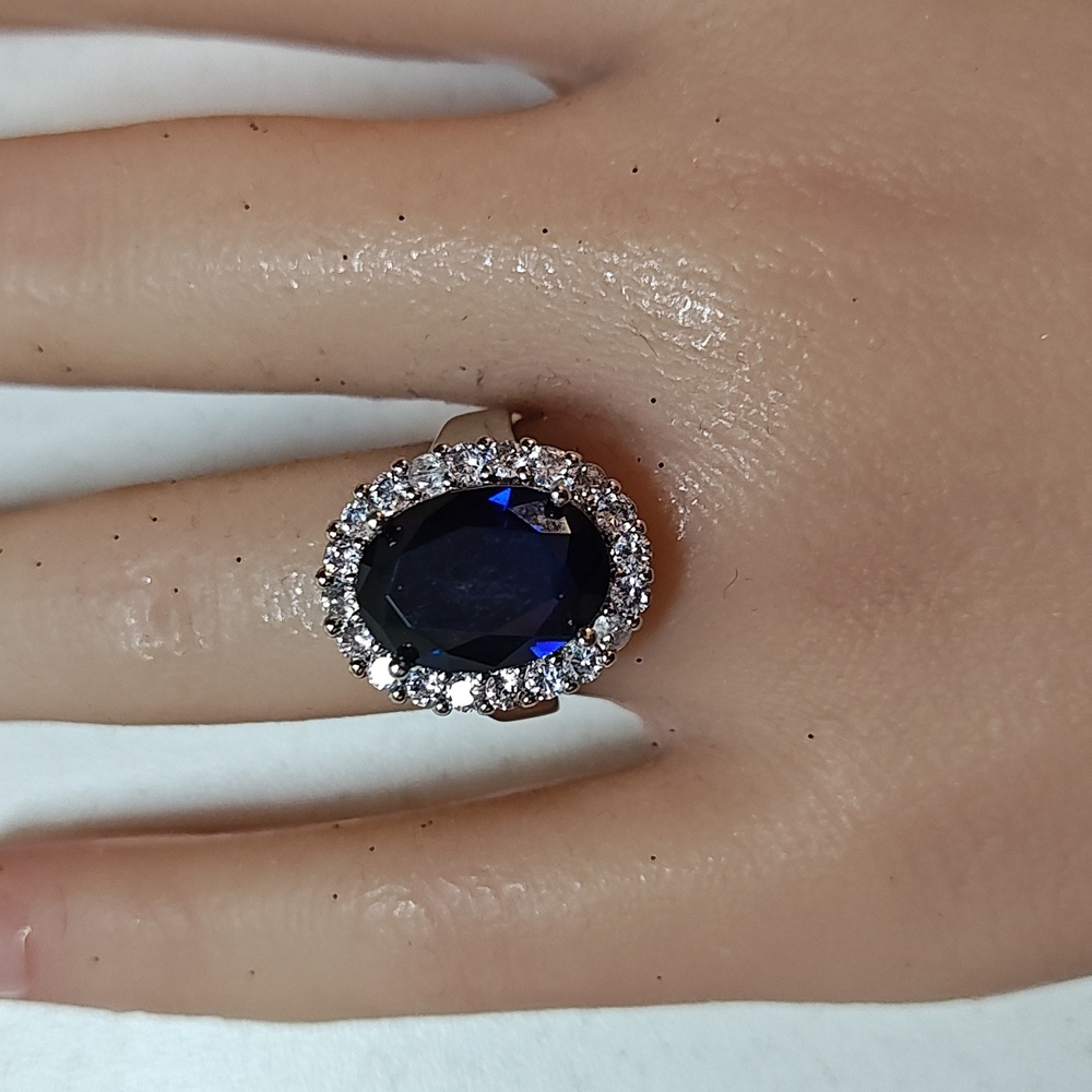 Sapphire & Diamond Silver (Faux) Fashion Cocktail Style Ring - Size 5 3/4 - Picture 8 of 8